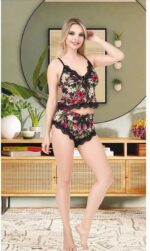 Pijama scurta dama sexy 2 piese Elisa imprimeu floral si dantela - imagine 2